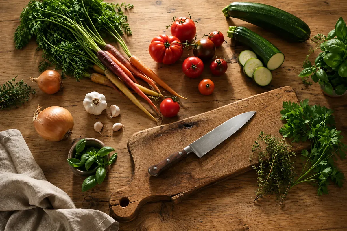 Légumes frais vus de dessus, carottes, tomates, courgette, oignons, ail et basilic, autour d'une planche à découper et d'un couteau de chef